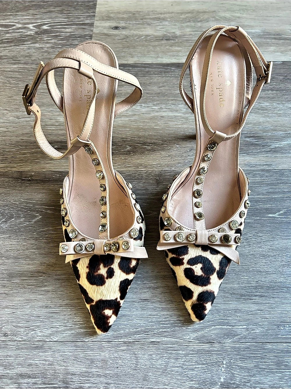 Kate Spade Leopard Calf Hair Rhinestone T-Strap Bow Heels